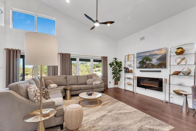 632 Galston Dr, Spicewood, TX 78669 - living room featuring high vaulted ceiling, a ceiling fan, wood finished floors, and a glass covered fireplace