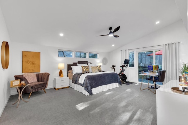 bedroom featuring recessed lighting, lofted ceiling, carpet, and a ceiling fan