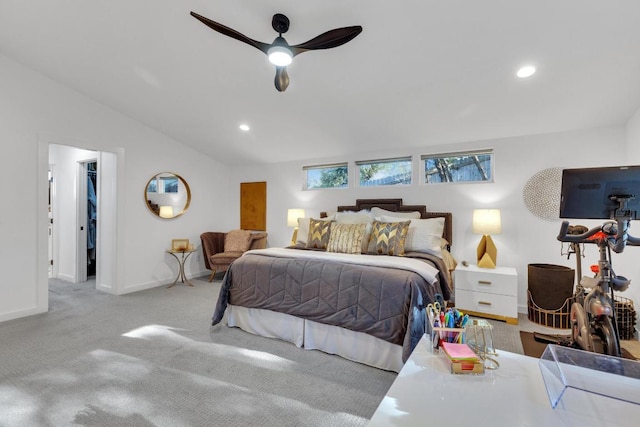 bedroom featuring recessed lighting, baseboards, carpet, and vaulted ceiling