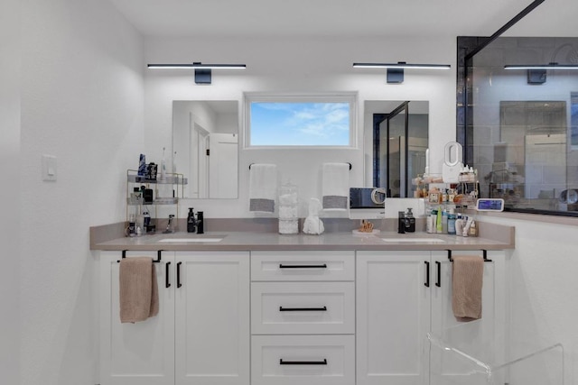 full bathroom featuring double vanity, a stall shower, and a sink