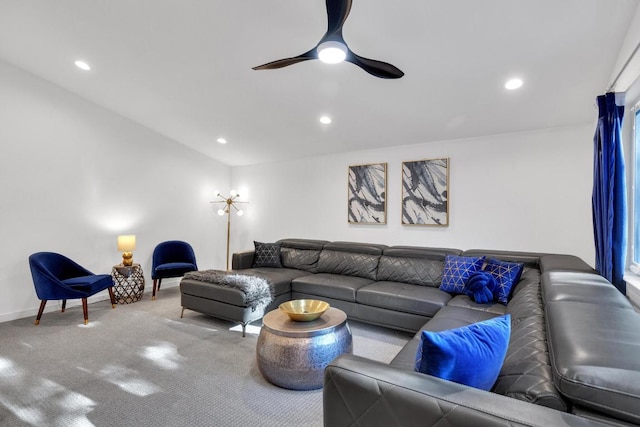 632 Galston Dr, Spicewood, TX 78669 - living room with ceiling fan, carpet flooring, and recessed lighting