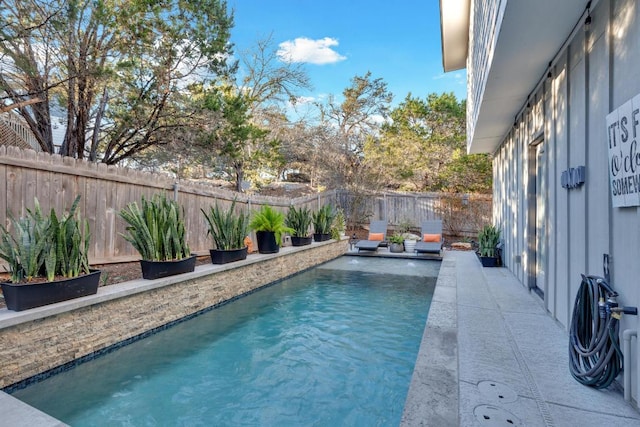 view of swimming pool with a fenced in pool, a fenced backyard, and a patio area