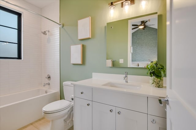 bathroom with toilet, shower / tub combination, ceiling fan, and vanity