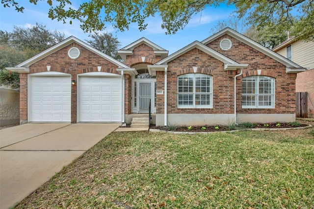 single story home featuring a garage, brick siding, driveway, and a front lawn