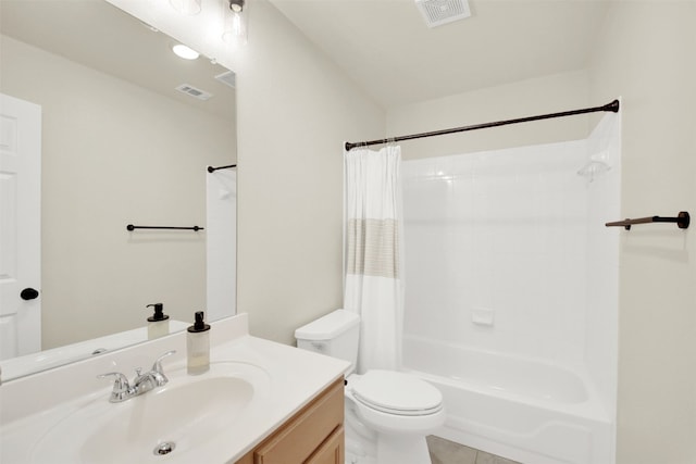 bathroom featuring shower / bath combination with curtain, visible vents, vanity, and toilet