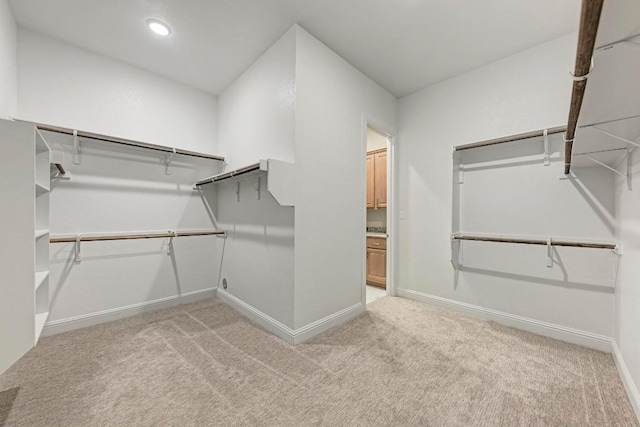 walk in closet with light colored carpet