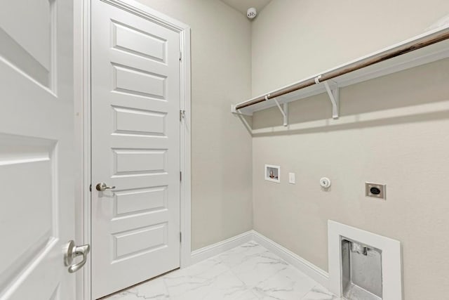 clothes washing area with hookup for a washing machine, hookup for a gas dryer, laundry area, marble finish floor, and electric dryer hookup