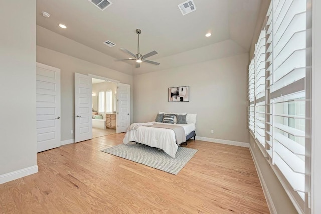 bedroom with recessed lighting, visible vents, light wood-style flooring, and baseboards