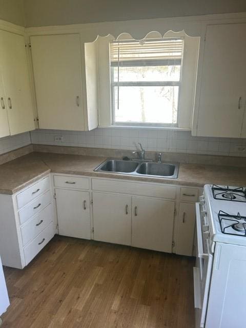 kitchen featuring white gas stove, a sink, decorative backsplash, and wood finished floors