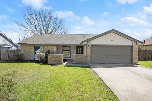 ranch-style home featuring an attached garage, brick siding, driveway, and a front yard