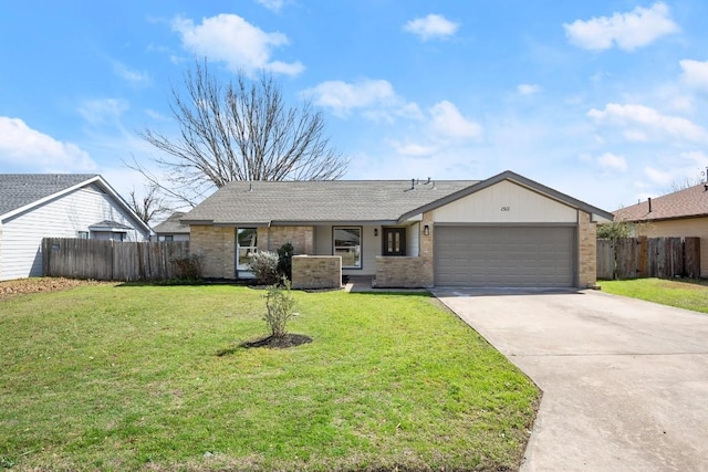 ranch-style house with an attached garage, brick siding, fence, concrete driveway, and a front lawn