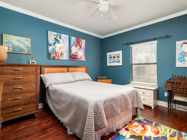 bedroom with baseboards, ceiling fan, dark wood-style flooring, and crown molding