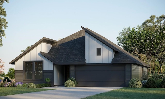 view of front of home with a garage, driveway, roof with shingles, a front lawn, and board and batten siding