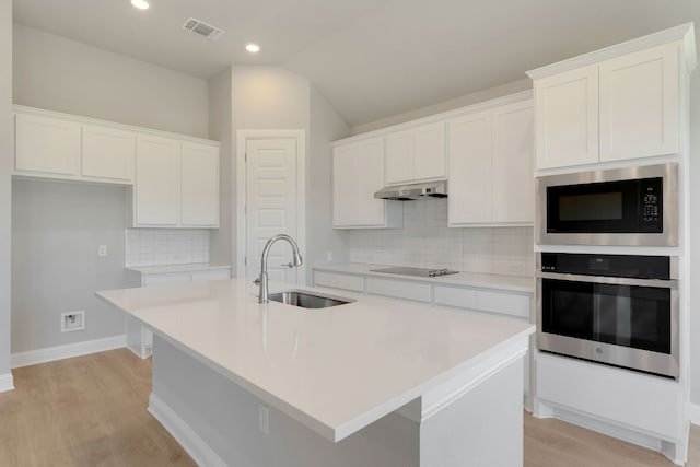 9908 Ephemeral Dr, Manor, TX 78653 - kitchen with stainless steel appliances, under cabinet range hood, light wood-style flooring, white cabinetry, and vaulted ceiling