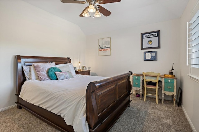 22128 Rose Grass Ln, Spicewood, TX 78669 - bedroom featuring carpet, vaulted ceiling, baseboards, and ceiling fan