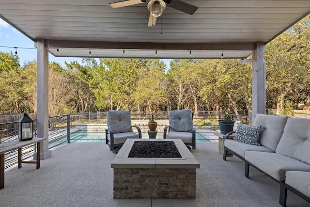 22128 Rose Grass Ln, Spicewood, TX 78669 - view of patio / terrace with an outdoor living space with a fire pit and ceiling fan