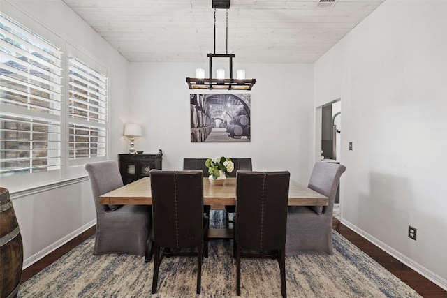 dining area with wood ceiling, baseboards, an inviting chandelier, and wood finished floors