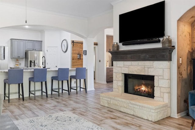 22128 Rose Grass Ln, Spicewood, TX 78669 - living area featuring crown molding, light wood finished floors, a stone fireplace, baseboards, and arched walkways