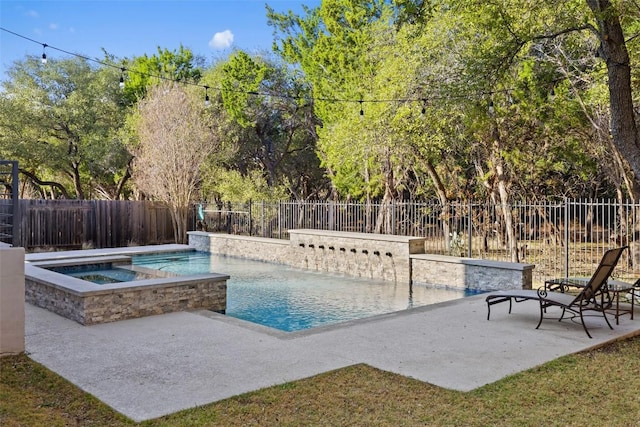 view of swimming pool with a patio, a fenced backyard, a fenced in pool, and an in ground hot tub