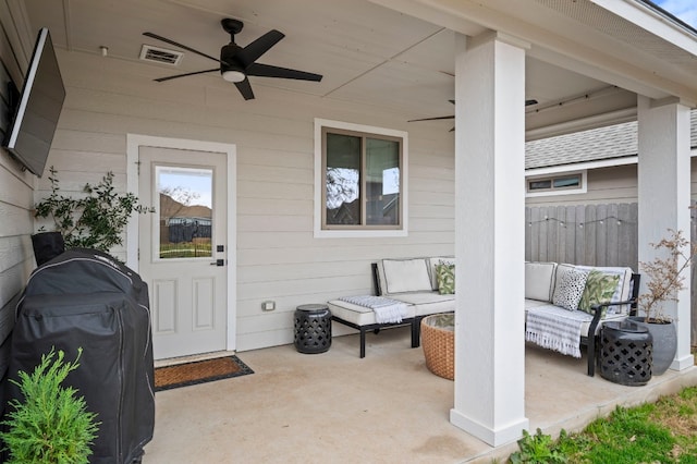 view of patio / terrace with visible vents, ceiling fan, an outdoor hangout area, and fence