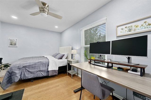 bedroom featuring recessed lighting, light wood-type flooring, and ceiling fan