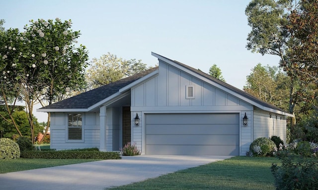 17301 Astral Ln, Manor, TX 78653 - ranch-style home featuring an attached garage, board and batten siding, a shingled roof, concrete driveway, and a front lawn