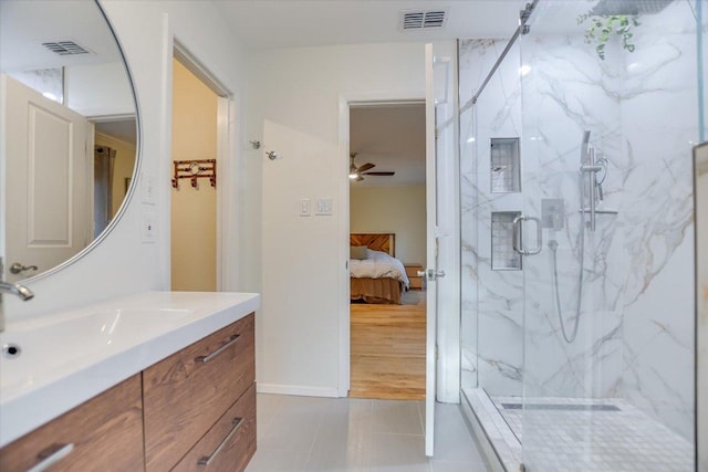 ensuite bathroom with visible vents, ensuite bath, a marble finish shower, and vanity