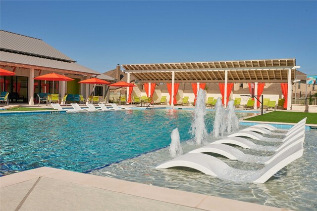 pool with a pergola and a patio