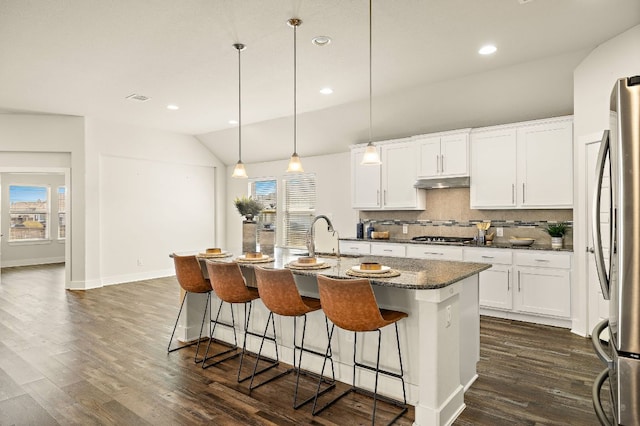 kitchen featuring under cabinet range hood, tasteful backsplash, stainless steel appliances, and dark wood-type flooring