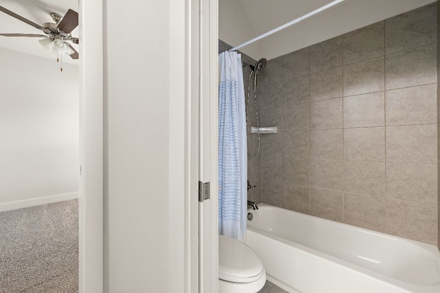 bathroom with a ceiling fan, baseboards, toilet, and shower / bath combo with shower curtain