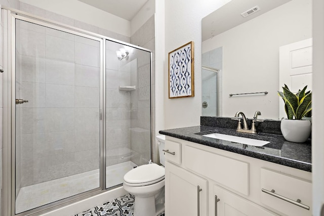 full bathroom featuring a stall shower, visible vents, vanity, and toilet