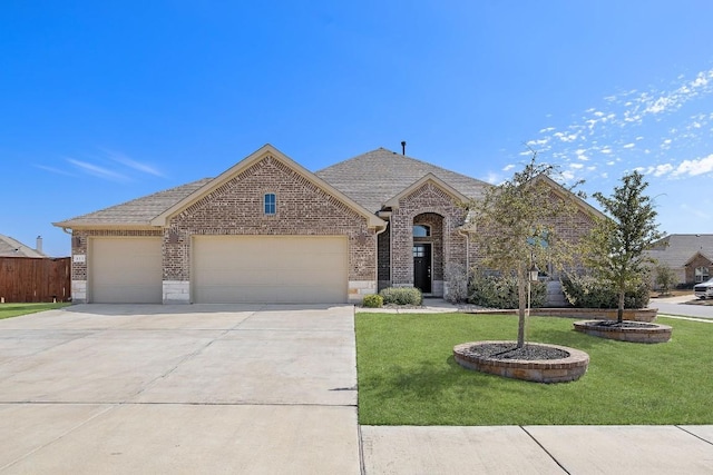 view of front of home featuring driveway, brick siding, a front lawn, and an attached garage