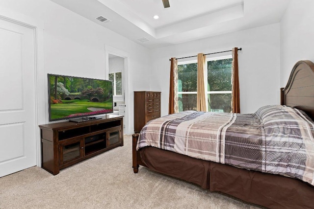 101 Saddle Mtn, Boerne, TX 78006 - carpeted bedroom featuring a tray ceiling, ceiling fan, and recessed lighting
