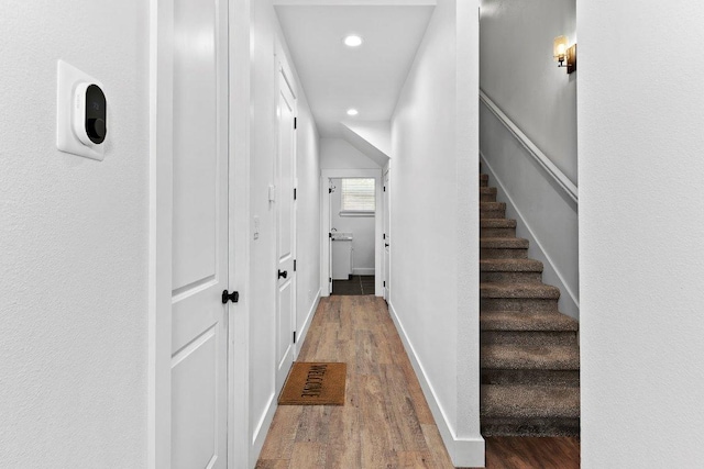 101 Saddle Mtn, Boerne, TX 78006 - corridor featuring wood finished floors, recessed lighting, stairs, and baseboards