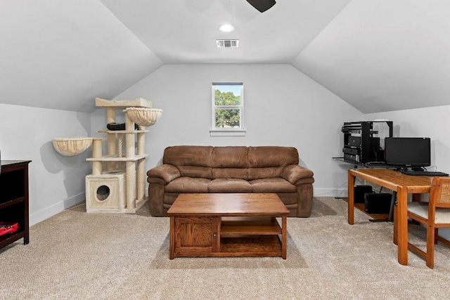 101 Saddle Mtn, Boerne, TX 78006 - carpeted living area featuring lofted ceiling, baseboards, a ceiling fan, and a desk