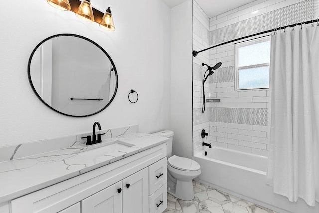 101 Saddle Mtn, Boerne, TX 78006 - full bathroom featuring vanity, shower / bath combination with curtain, marble finish floors, and toilet