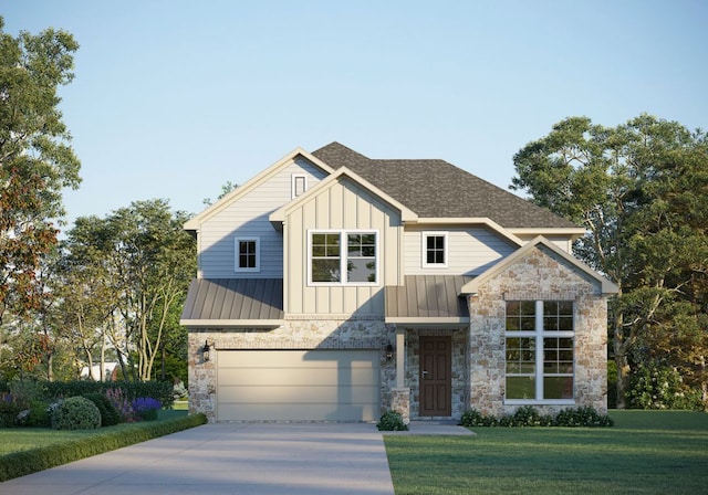 view of front of house featuring board and batten siding, a front yard, a standing seam roof, and concrete driveway