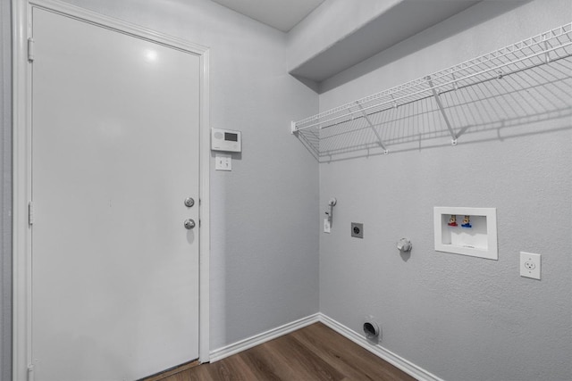 laundry area with laundry area, dark wood-style floors, hookup for a gas dryer, washer hookup, and electric dryer hookup