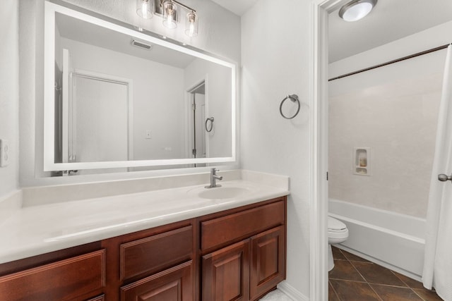 full bath featuring shower / tub combination, toilet, tile patterned flooring, vanity, and visible vents