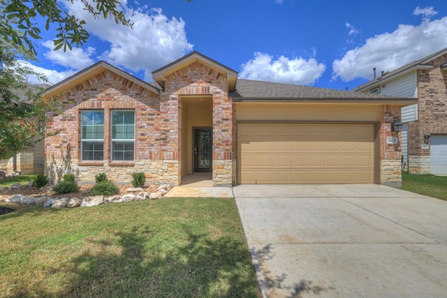 view of front of house with a garage, a front yard, stone siding, and driveway