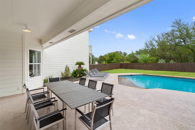 view of swimming pool featuring a fenced in pool, a fenced backyard, and a patio