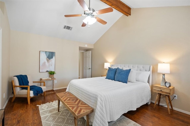 bedroom with beam ceiling, visible vents, wood finished floors, high vaulted ceiling, and baseboards