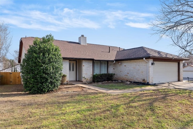 ranch-style house with a shingled roof, concrete driveway, fence, a garage, and stone siding