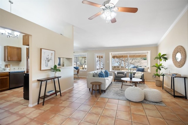 living room featuring ornamental molding, light tile patterned flooring, and plenty of natural light