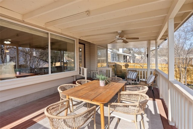 deck with a ceiling fan and outdoor dining space