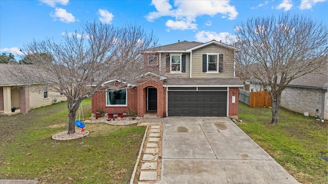 traditional home featuring brick siding, concrete driveway, a front yard, fence, and a garage