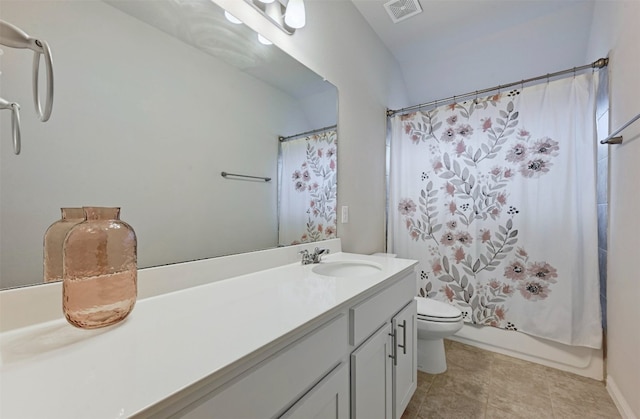 full bath with visible vents, shower / bathtub combination with curtain, toilet, vanity, and tile patterned floors