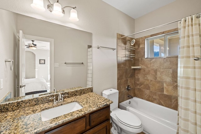 ensuite bathroom with toilet, ensuite bath, shower / bath combination with curtain, and vanity