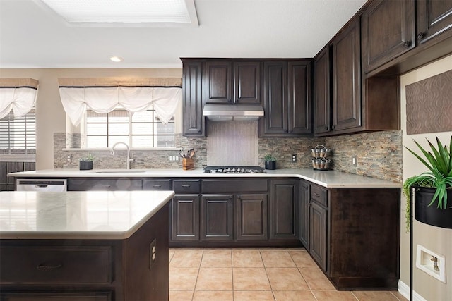 kitchen featuring under cabinet range hood, stainless steel appliances, a sink, and light countertops