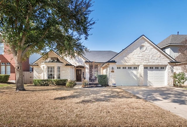 view of front of home with a front yard, an attached garage, stone siding, and driveway